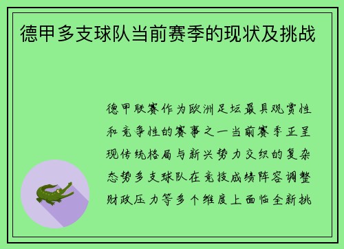德甲多支球队当前赛季的现状及挑战
